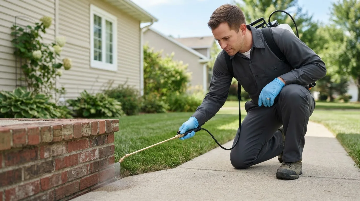 Pest control technician treating a home near Dunnegan, MO