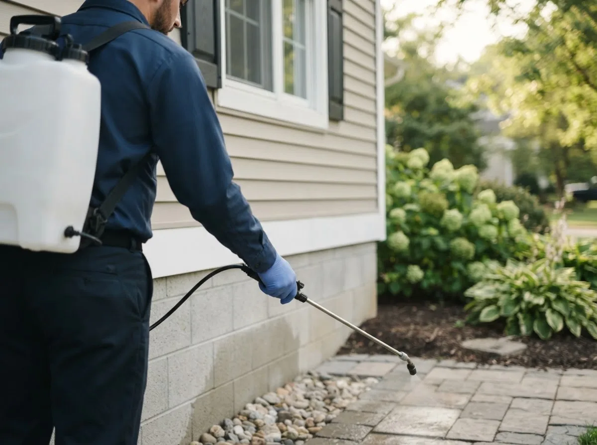 Pest control technician inspecting a home in Dunnegan, MO